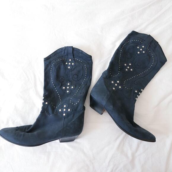 vintage cowboy boot Italian made navy suede leather studded embroidered - Picture 3 of 10